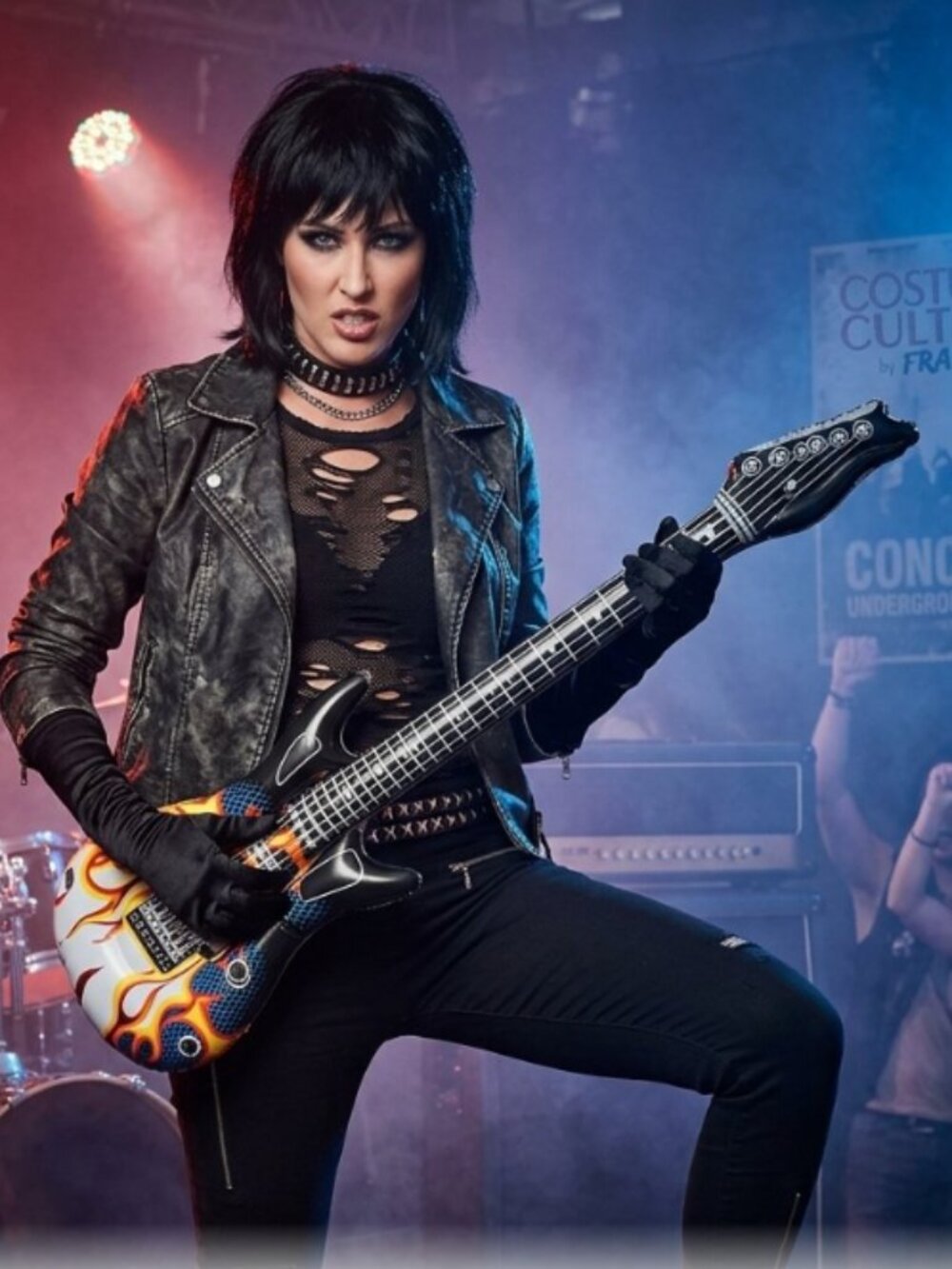 Edgy Female Rocker Costume Accessories Set – Heavy Metal Wig, Guitar, Gloves